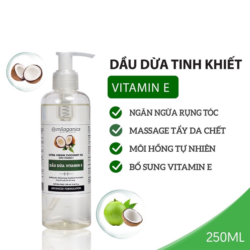Dầu Dừa Vitamin E Milaganics Dưỡng Tóc, Dưỡng Môi, Dưỡng Da 250ml 