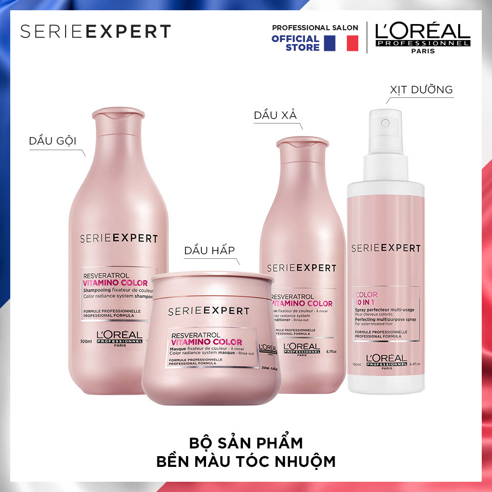 Sử dụng trọn bộ L'Oréal Professionnel Serie Expert Resveratrol Vitamino giúp giữ màu tóc nhuộm được bền lâu.