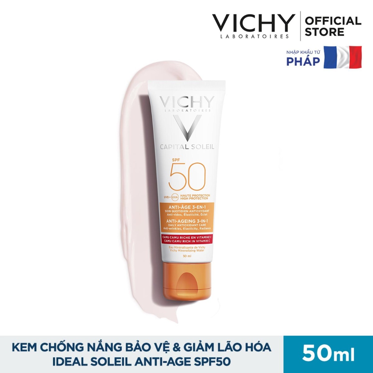 Kem Chống Nắng Bảo Vệ Da, Ngăn Ngừa Lão Hóa Vichy Capital Soleil Anti-Ageing 3-In-1 SPF50