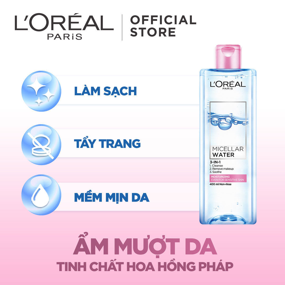 Nước Tẩy Trang L'Oreal Micellar Water 3-in-1 Moisturizing Even For Sensitive Skin Dưỡng Ẩm Cho Da Thường, Khô