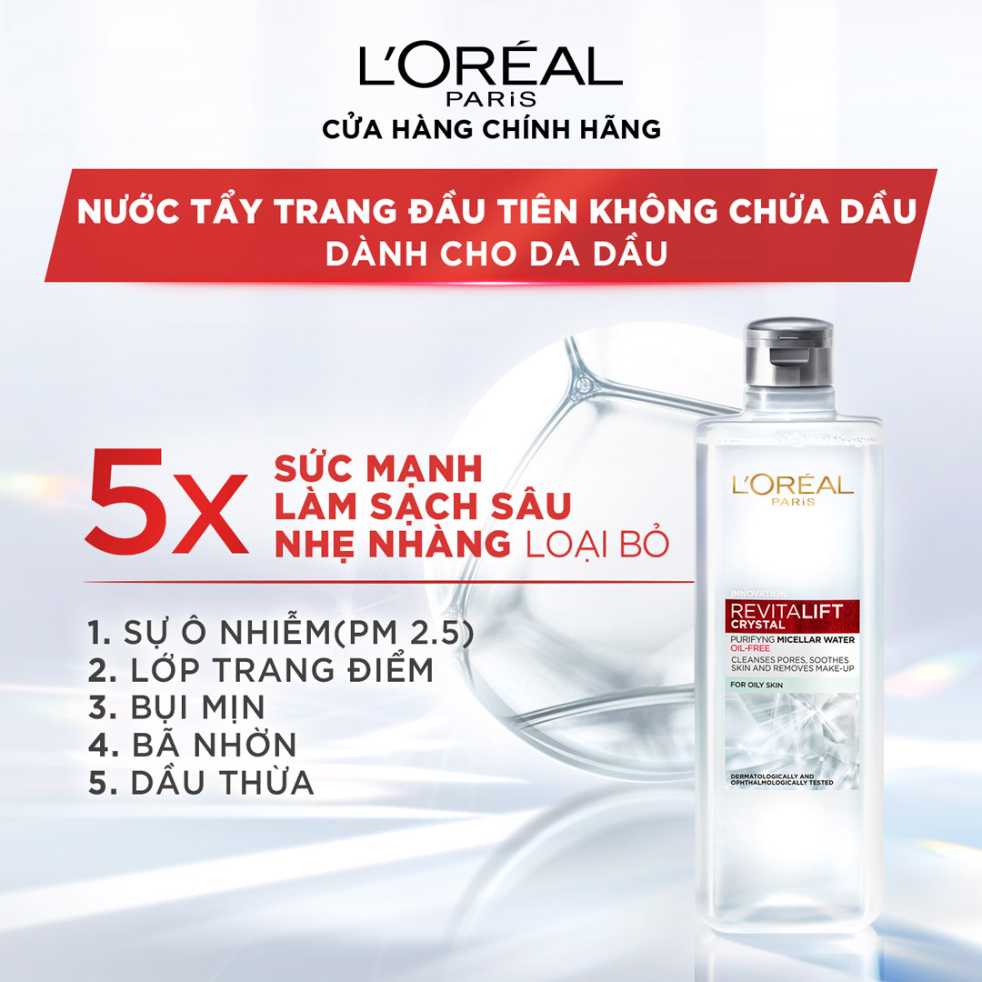 Nước Tẩy Trang L'Oréal Paris Revitalift Crystal Purifying Micellar Water Dành Cho Da Dầu