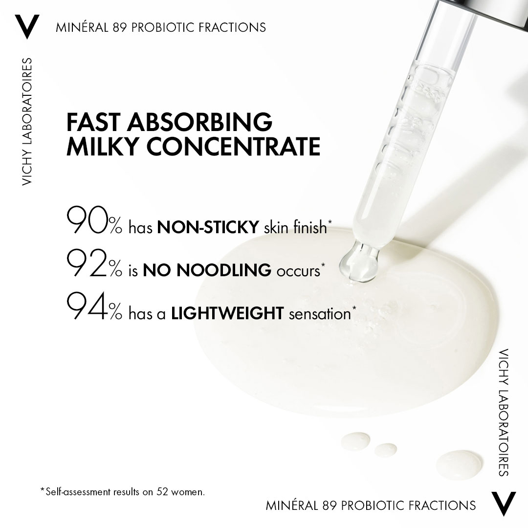 Tinh Chất Vichy Probiotic Minéral 89 Probiotic lỏng nhẹ, thấm nhanh, không nhờn dính.
