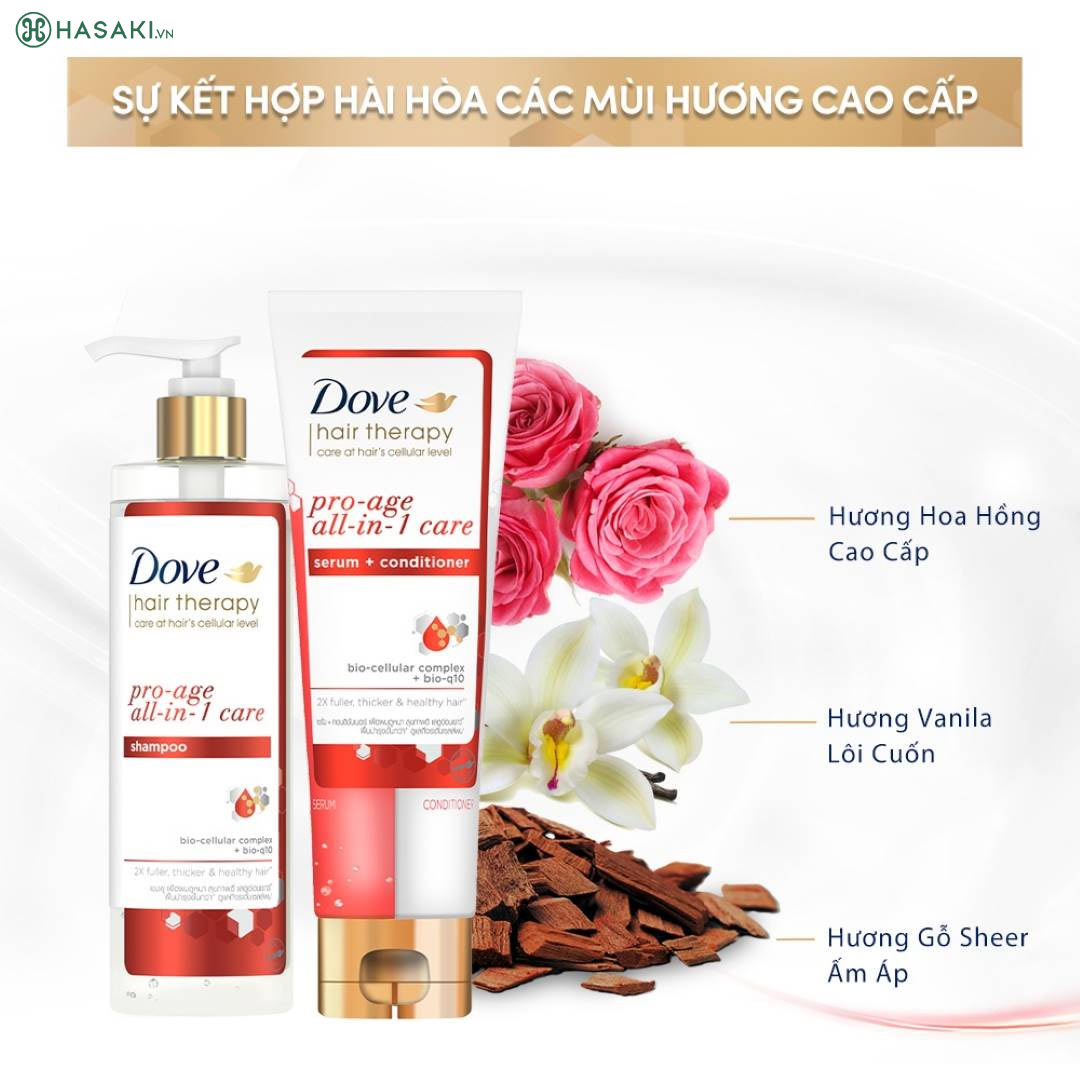 Dầu Gội Dove Hair Therapy Pro-Age All-In-1 Care Shampoo 380ml với sự kết hợp hài hoà các mùi hương nước hoa cao cấp.