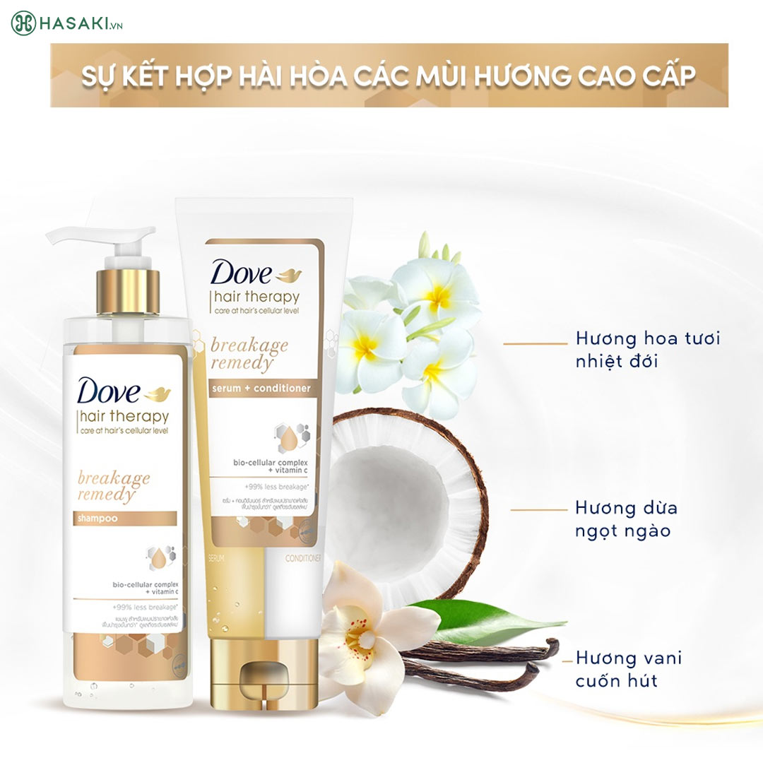 Kem xả Dove Hair Therapy Breakage Remedy Serum + Conditioner với sự kết hợp hài hoà các mùi hương cao cấp.