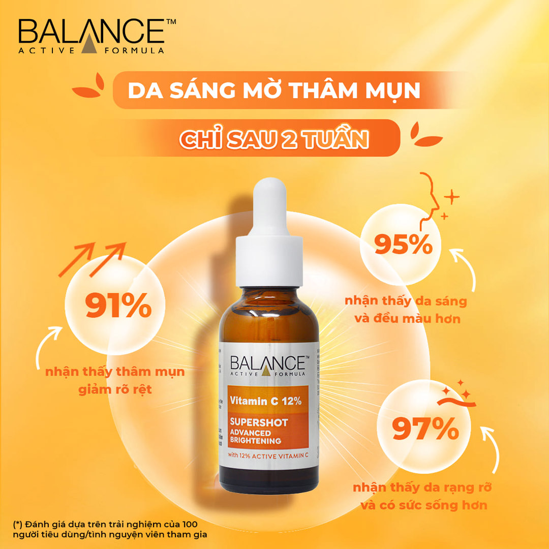 Tinh Chất Balance Active Formula 12% Vitamin C SUPERSHOT làm sáng da mờ thâm mụn chỉ sau 2 tuần sử dụng.
