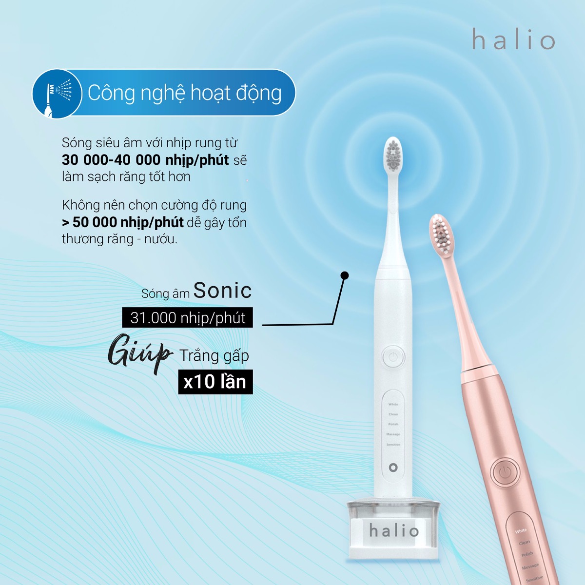 Công nghệ Halio Sonic Whitening Electric Toothbrush PRO
