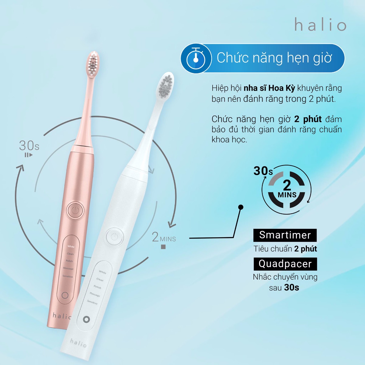 Chức năng hẹn giờ Halio Sonic Whitening Electric Toothbrush PRO